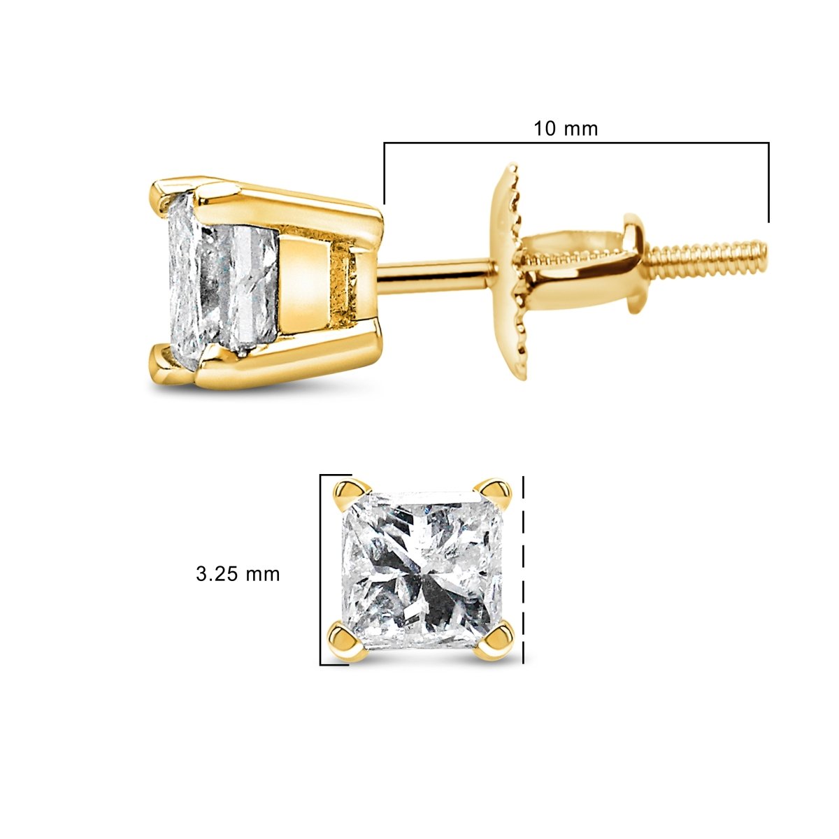 14K Yellow Gold 1/2 Cttw Princess Cut Diamond Solitaire Stud Earrings with Screwbacks (I-J Color, SI2-I1 Clarity) - Earrings - Custom Crafting Alliance, LLC