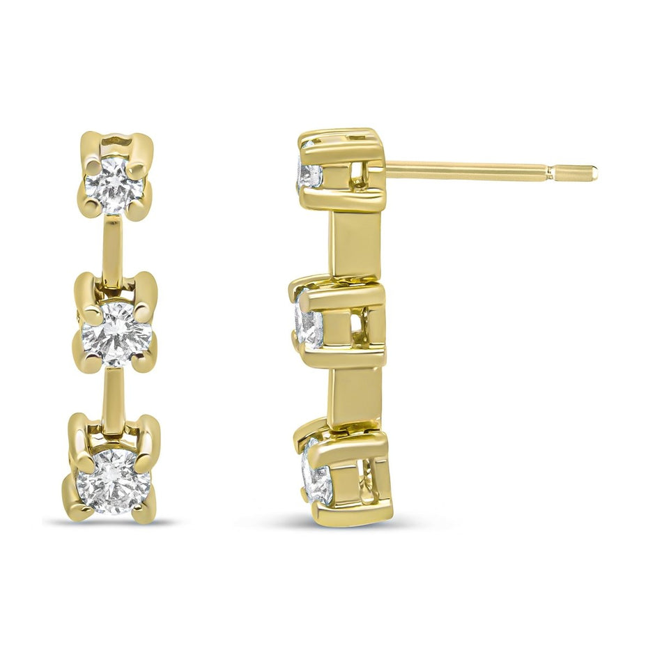 14K Yellow Gold 1/2 Cttw Round Diamond 3 Stone Graduated Linear Drop Past, Present and Future Stud Earrings (H-I Color, SI1-SI2 Clarity) - Earrings - Custom Crafting Alliance, LLC