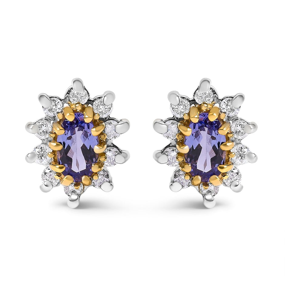 14K Yellow Gold 1/4 Cttw Diamond and Blue Purple Tanzanite Sunburst Halo Stud Earrings (K-L Color, I1-I2 Clarity) - Earrings - Custom Crafting Alliance, LLC