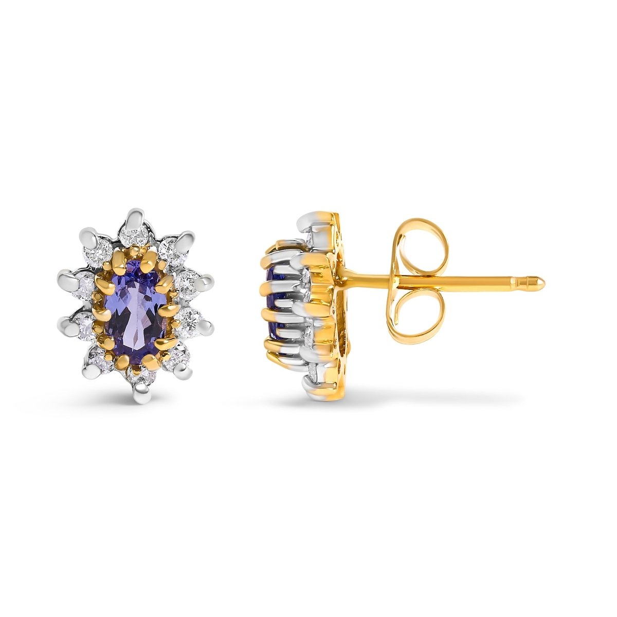 14K Yellow Gold 1/4 Cttw Diamond and Blue Purple Tanzanite Sunburst Halo Stud Earrings (K-L Color, I1-I2 Clarity) - Earrings - Custom Crafting Alliance, LLC