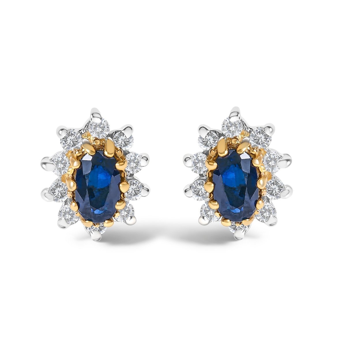 14K Yellow Gold 1/4 Cttw Diamond and Blue Sapphire Sunburst Halo Stud Earrings (K-L Color, I1-I2 Clarity) - Earrings - Custom Crafting Alliance, LLC