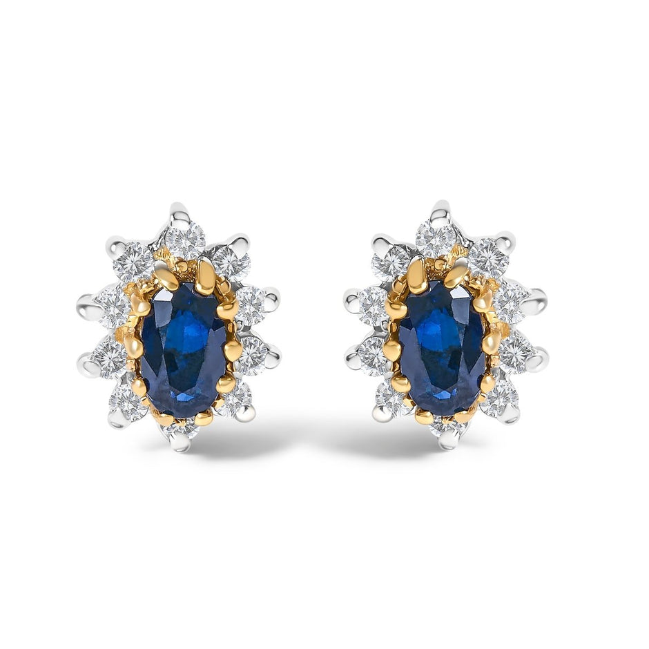 14K Yellow Gold 1/4 Cttw Diamond and Blue Sapphire Sunburst Halo Stud Earrings (K-L Color, I1-I2 Clarity) - Earrings - Custom Crafting Alliance, LLC