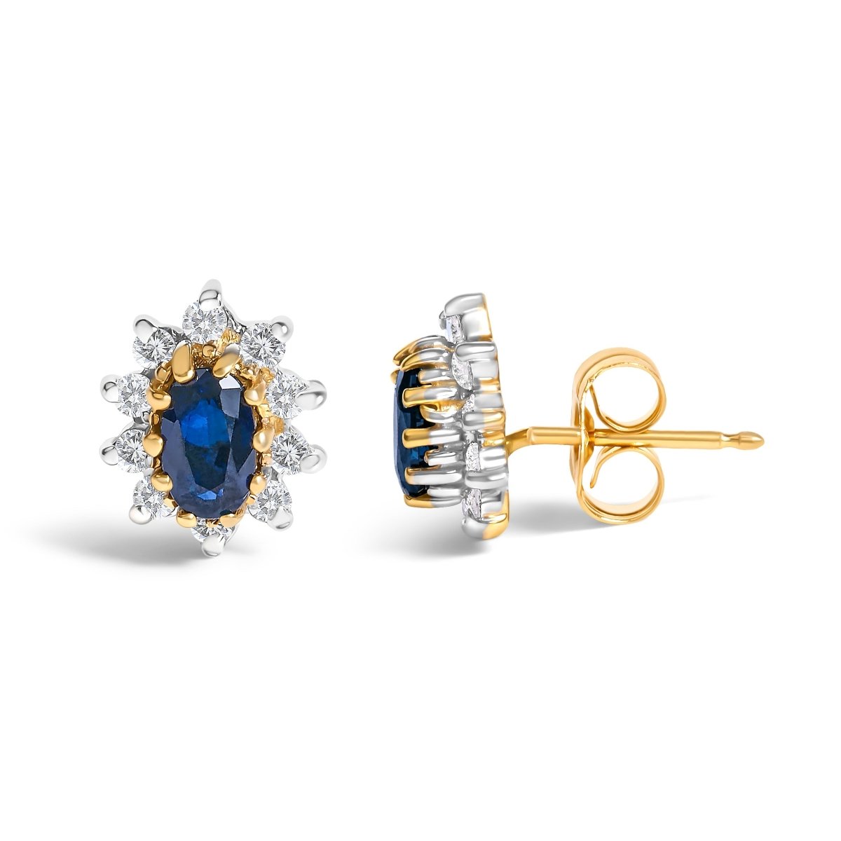 14K Yellow Gold 1/4 Cttw Diamond and Blue Sapphire Sunburst Halo Stud Earrings (K-L Color, I1-I2 Clarity) - Earrings - Custom Crafting Alliance, LLC