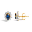 14K Yellow Gold 1/4 Cttw Diamond and Blue Sapphire Sunburst Halo Stud Earrings (K-L Color, I1-I2 Clarity) - Earrings - Custom Crafting Alliance, LLC
