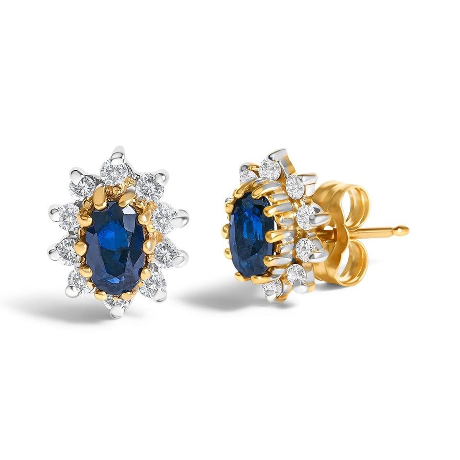 14K Yellow Gold 1/4 Cttw Diamond and Blue Sapphire Sunburst Halo Stud Earrings (K-L Color, I1-I2 Clarity) - Earrings - Custom Crafting Alliance, LLC