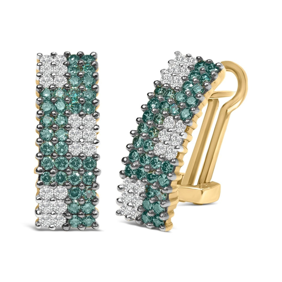 14K Yellow Gold 2.00 Cttw White and Treated Blue Diamond Four-Row PavÃ© Omegaback Earrings (H-I Color, SI1-SI2 Clarity) - Earrings - Custom Crafting Alliance, LLC