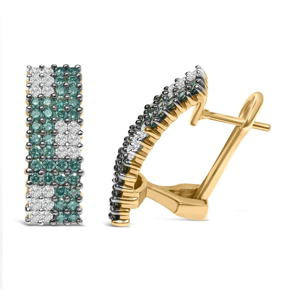 14K Yellow Gold 2.00 Cttw White and Treated Blue Diamond Four-Row PavÃ© Omegaback Earrings (H-I Color, SI1-SI2 Clarity) - Earrings - Custom Crafting Alliance, LLC