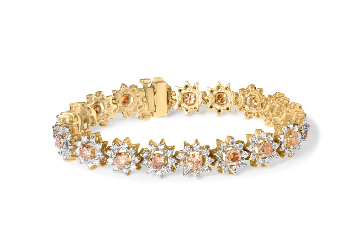14K Yellow Gold 8.00 Cttw Champagne Diamond Floral Cluster Halo Link Bracelet (H-I Color, I1-I2 Clarity) - Bracelets - Custom Crafting Alliance, LLC