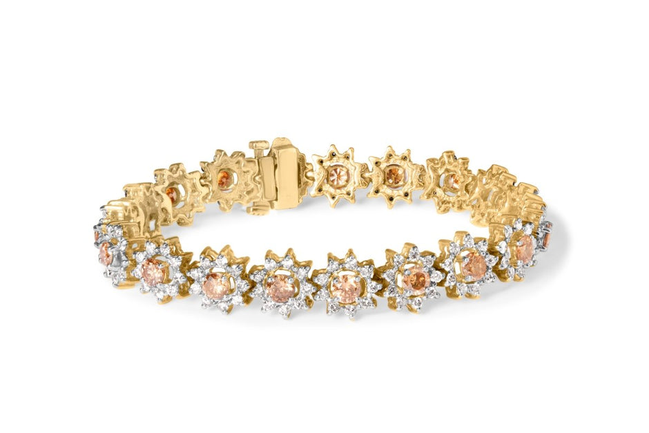 14K Yellow Gold 8.00 Cttw Champagne Diamond Floral Cluster Halo Link Bracelet (H-I Color, I1-I2 Clarity) - Bracelets - Custom Crafting Alliance, LLC