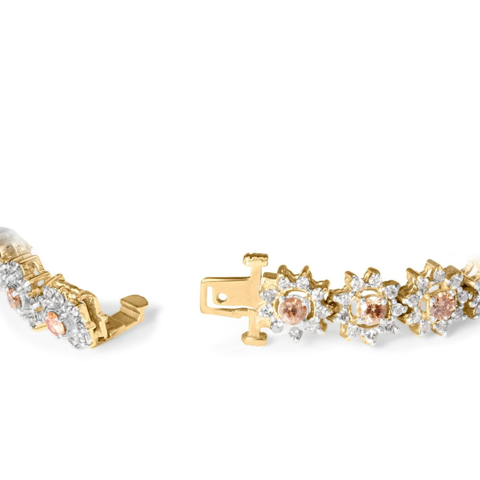 14K Yellow Gold 8.00 Cttw Champagne Diamond Floral Cluster Halo Link Bracelet (H-I Color, I1-I2 Clarity) - Bracelets - Custom Crafting Alliance, LLC