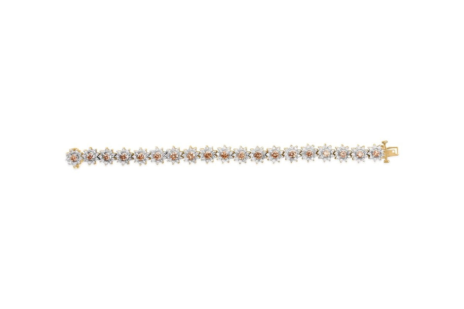 14K Yellow Gold 8.00 Cttw Champagne Diamond Floral Cluster Halo Link Bracelet (H-I Color, I1-I2 Clarity) - Bracelets - Custom Crafting Alliance, LLC