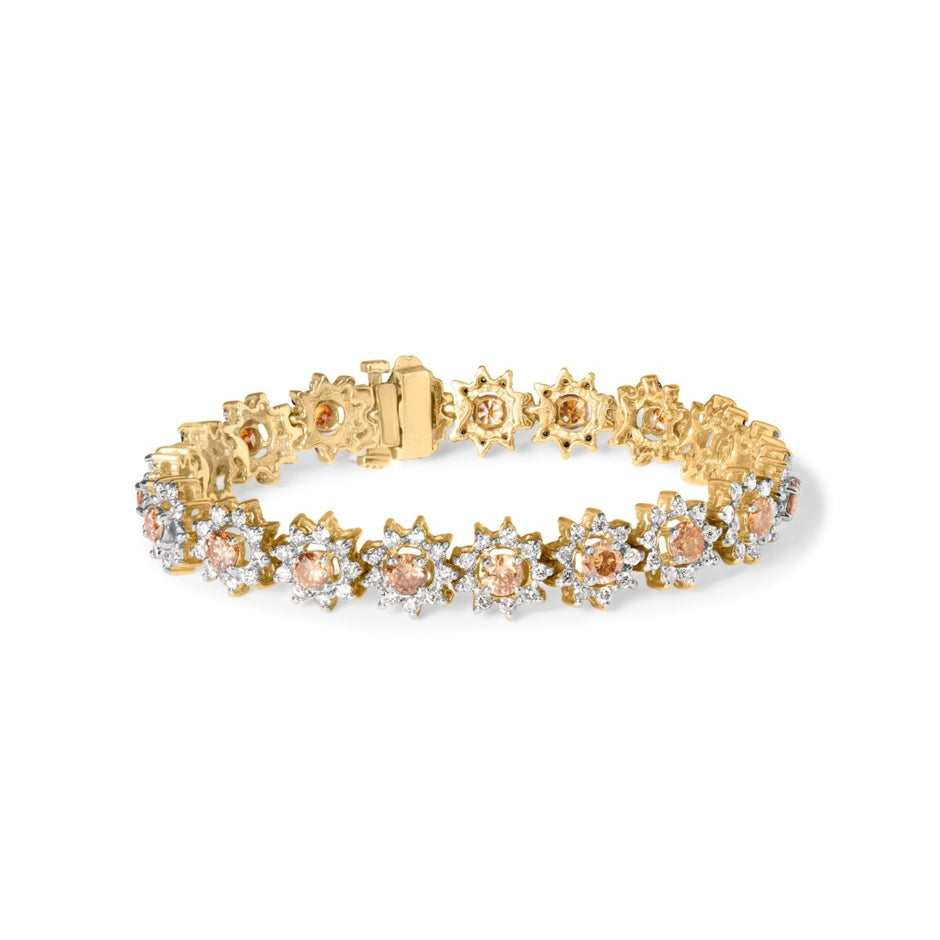 14K Yellow Gold 8.00 Cttw Champagne Diamond Floral Cluster Halo Link Bracelet (H-I Color, I1-I2 Clarity) - Bracelets - Custom Crafting Alliance, LLC