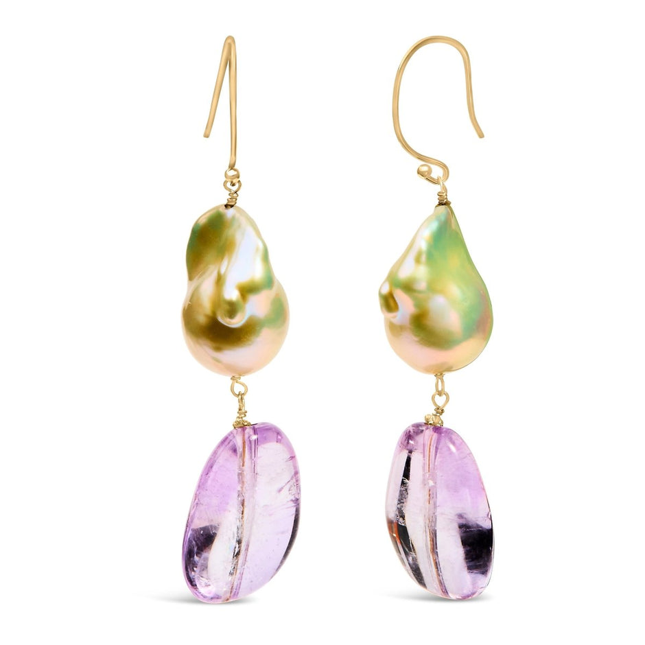 14K Yellow Gold Amethyst and Baroque Pearl Drop and Dangle Earrings 2