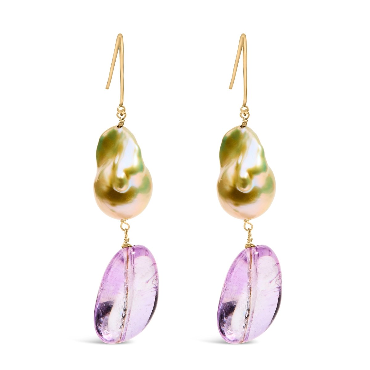14K Yellow Gold Amethyst and Baroque Pearl Drop and Dangle Earrings 2