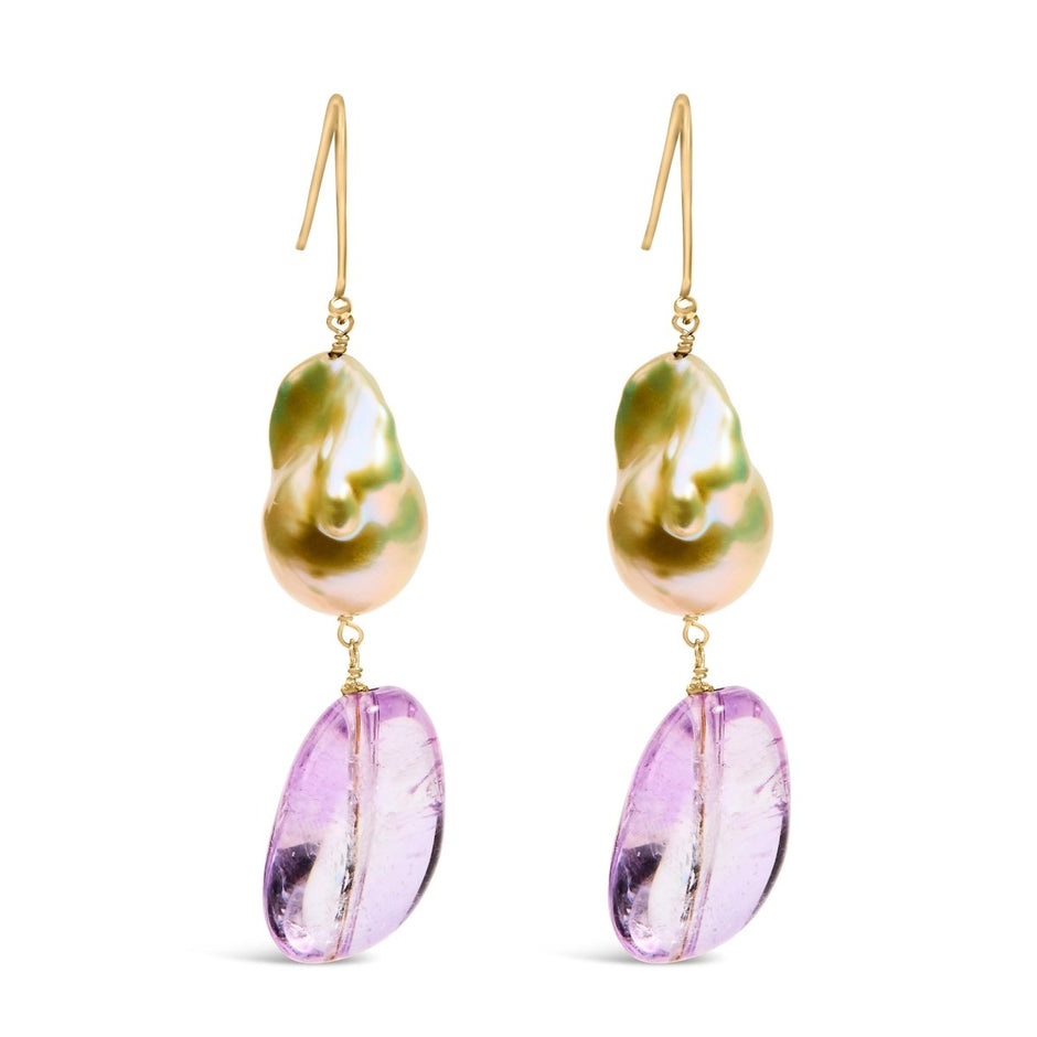 14K Yellow Gold Amethyst and Baroque Pearl Drop and Dangle Earrings 2" Inch Dangle Length - Earrings - Custom Crafting Alliance, LLC