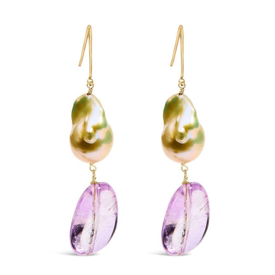 14K Yellow Gold Amethyst and Baroque Pearl Drop and Dangle Earrings 2" Inch Dangle Length - Earrings - Custom Crafting Alliance, LLC