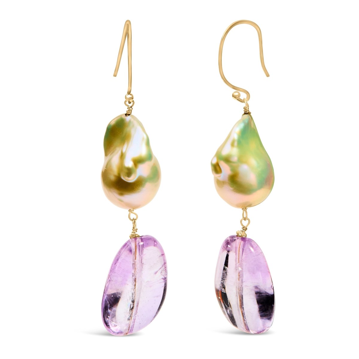 14K Yellow Gold Amethyst and Baroque Pearl Drop and Dangle Earrings 2