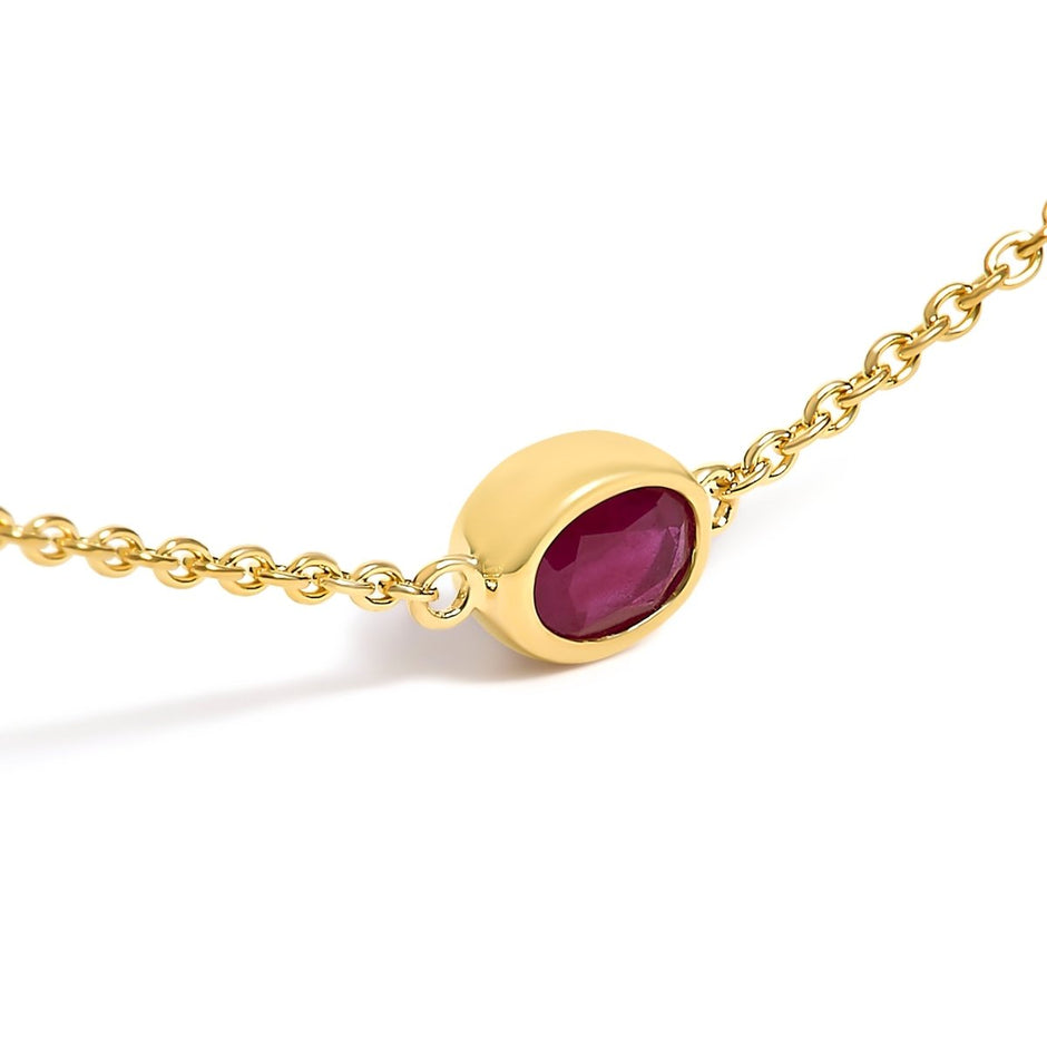 14K Yellow Gold Bezel Set 4x3 mm Oval Red Ruby Station Necklace - 18 Inches - Necklaces - Custom Crafting Alliance, LLC