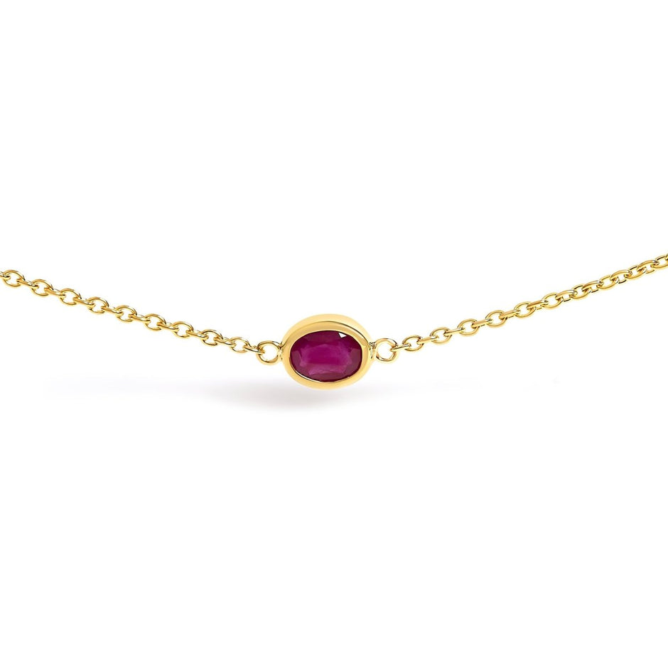 14K Yellow Gold Bezel Set 4x3 mm Oval Red Ruby Station Necklace - 18 Inches - Necklaces - Custom Crafting Alliance, LLC