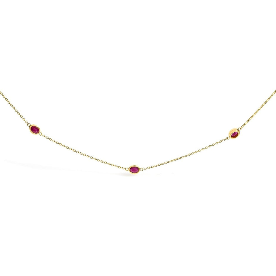 14K Yellow Gold Bezel Set 4x3 mm Oval Red Ruby Station Necklace - 18 Inches - Necklaces - Custom Crafting Alliance, LLC