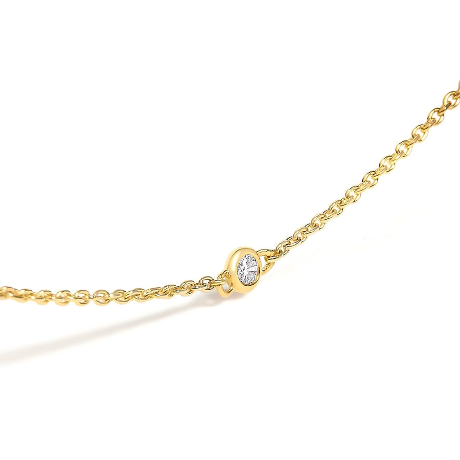 14K Yellow Gold Bezel Set Alternating Green Emerald and Diamond Station Necklace - 18