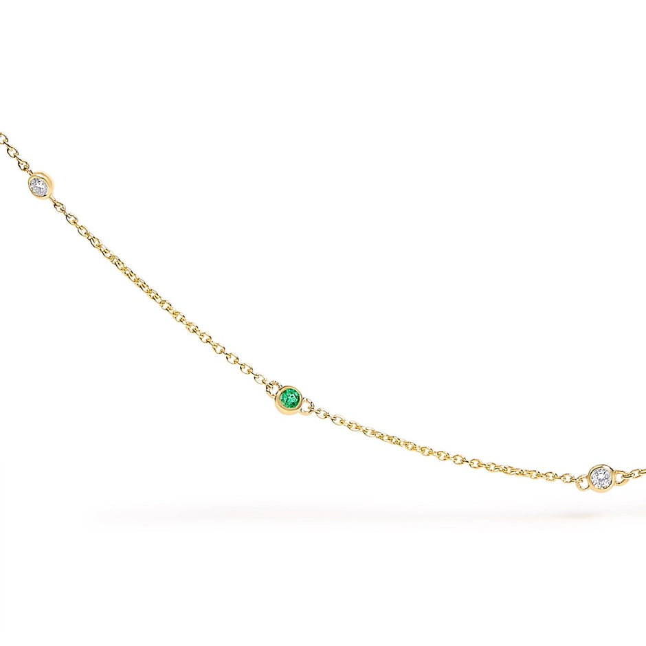 14K Yellow Gold Bezel Set Alternating Green Emerald and Diamond Station Necklace - 18