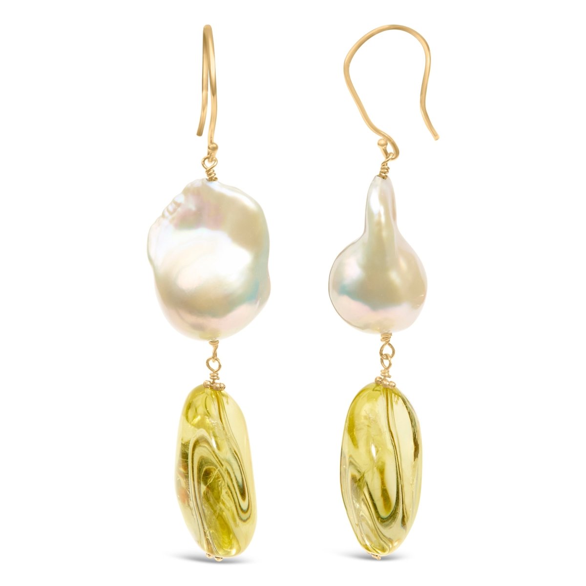 14K Yellow Gold Citrine and Baroque Pearl Drop and Dangle Earrings 1 3/4 Inch Dangle - Earrings - Custom Crafting Alliance, LLC