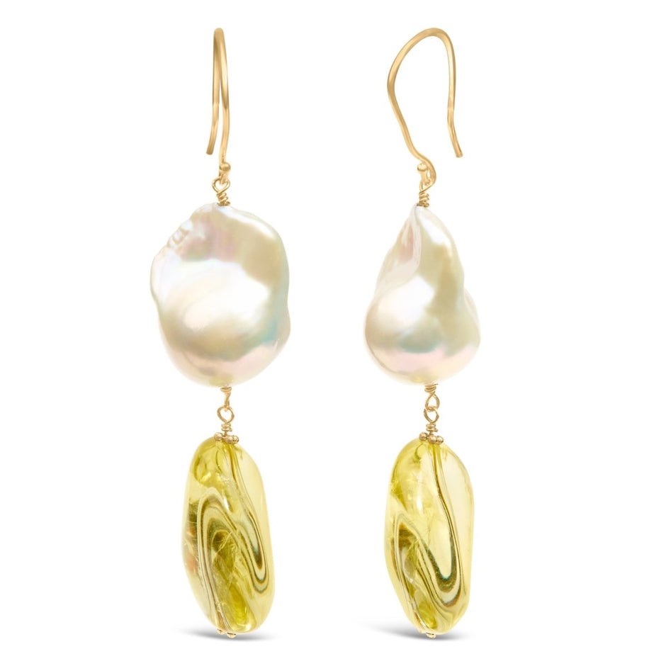 14K Yellow Gold Citrine and Baroque Pearl Drop and Dangle Earrings 1 3/4 Inch Dangle - Earrings - Custom Crafting Alliance, LLC