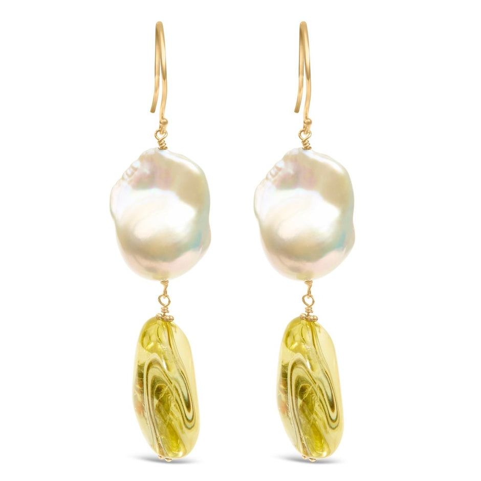 14K Yellow Gold Citrine and Baroque Pearl Drop and Dangle Earrings 1 3/4 Inch Dangle - Earrings - Custom Crafting Alliance, LLC