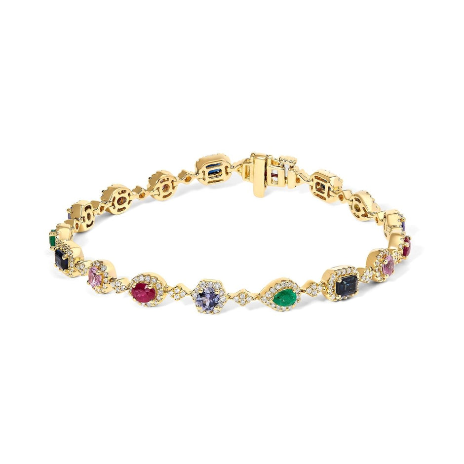 14K Yellow Gold Multi-Gemstone and Diamond Halo Rainbow Link Bracelet - Bracelets - Custom Crafting Alliance, LLC