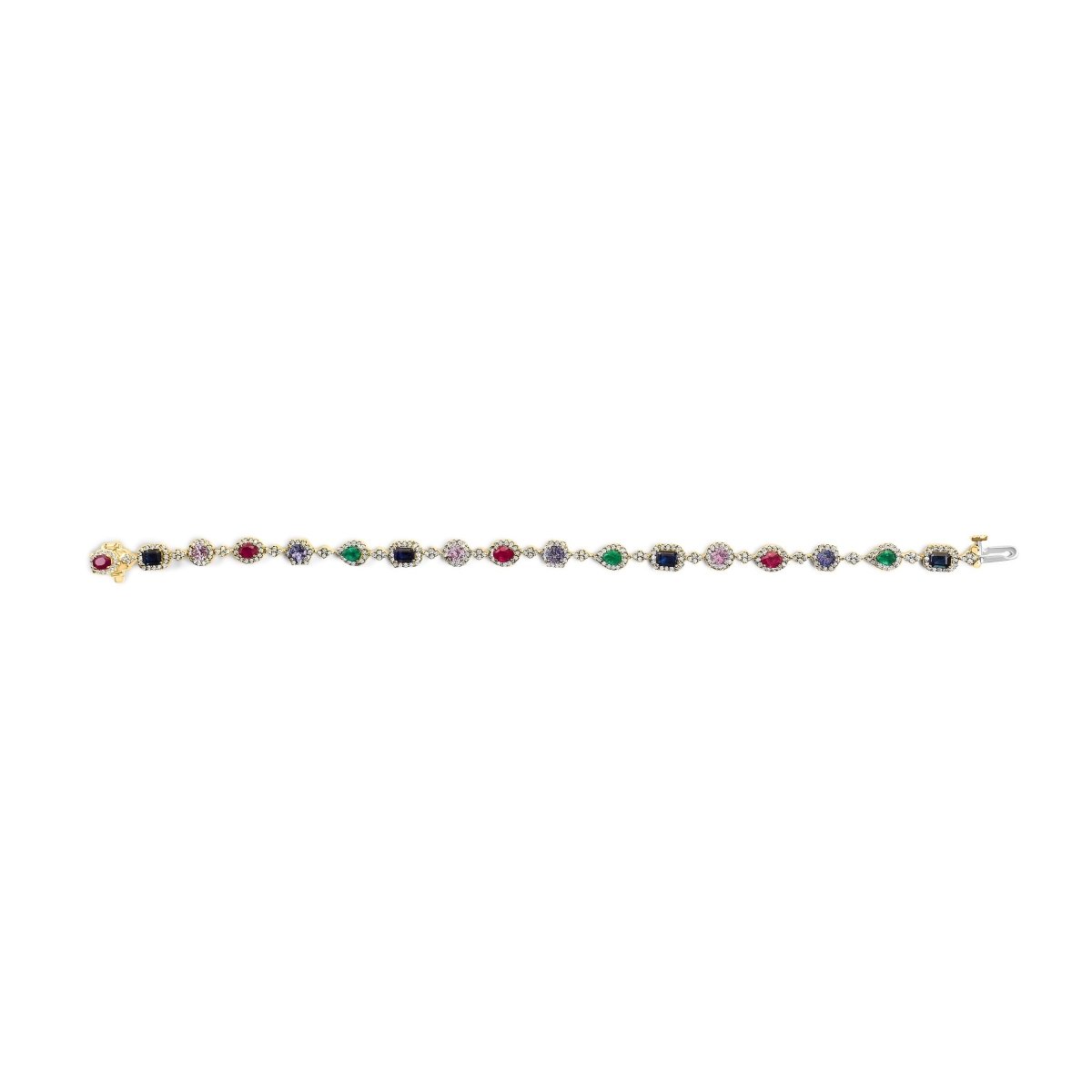 14K Yellow Gold Multi-Gemstone and Diamond Halo Rainbow Link Bracelet - Bracelets - Custom Crafting Alliance, LLC