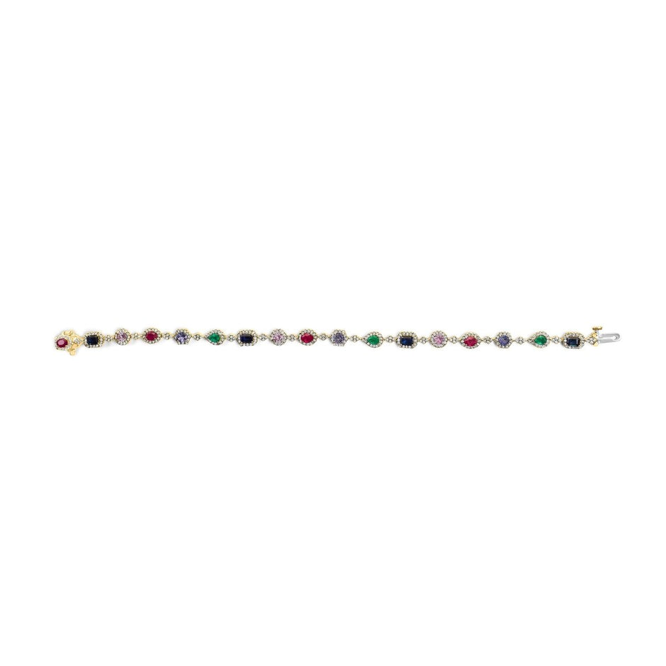 14K Yellow Gold Multi-Gemstone and Diamond Halo Rainbow Link Bracelet - Bracelets - Custom Crafting Alliance, LLC