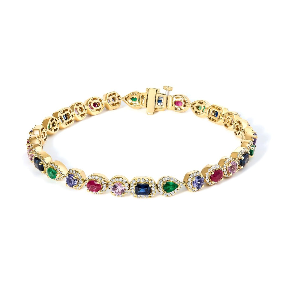 14K Yellow Gold Multi-Gemstone and Diamond Halo Rainbow Tennis Bracelet - Bracelets - Custom Crafting Alliance, LLC