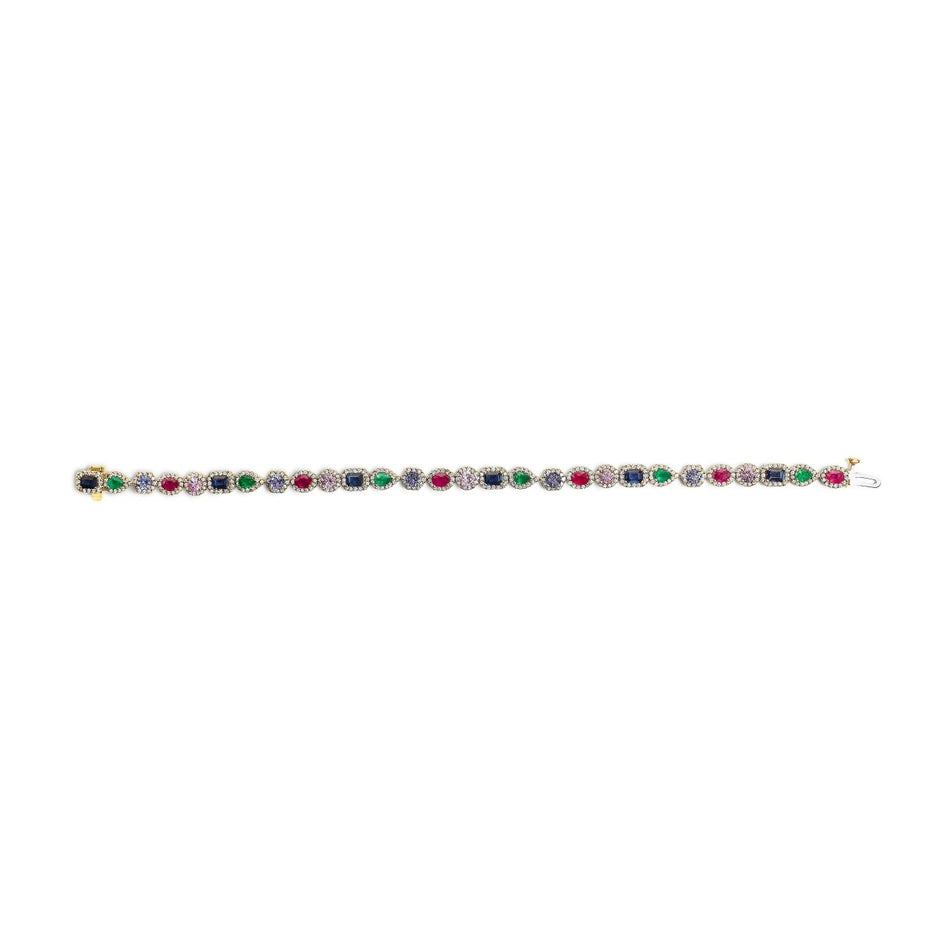 14K Yellow Gold Multi-Gemstone and Diamond Halo Rainbow Tennis Bracelet - Bracelets - Custom Crafting Alliance, LLC