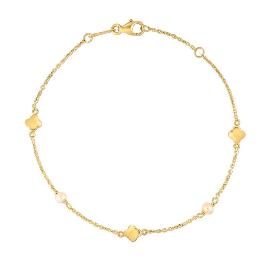 14k Yellow Gold Pearl Clover Bracelet - Bracelets - Custom Crafting Alliance, LLC