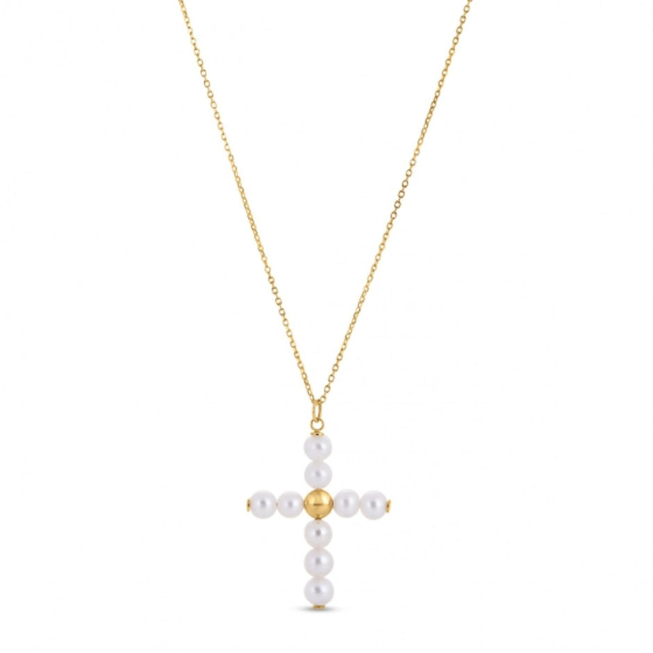 14k Yellow Gold Pearl Cross Pendant - Pendants - Custom Crafting Alliance, LLC