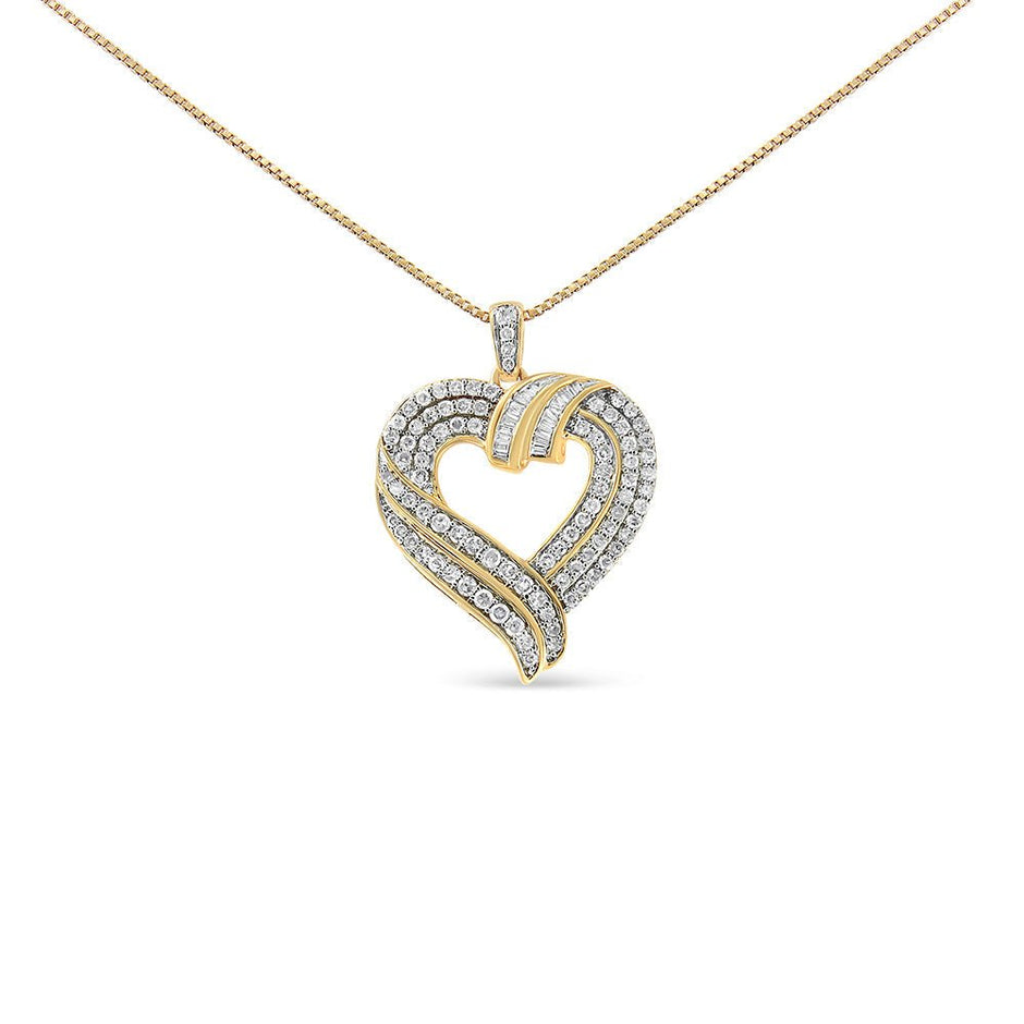 14K Yellow Gold Plated .925 Sterling Silver 1.00 Cttw Baguette Diamond Composite Open Heart 18