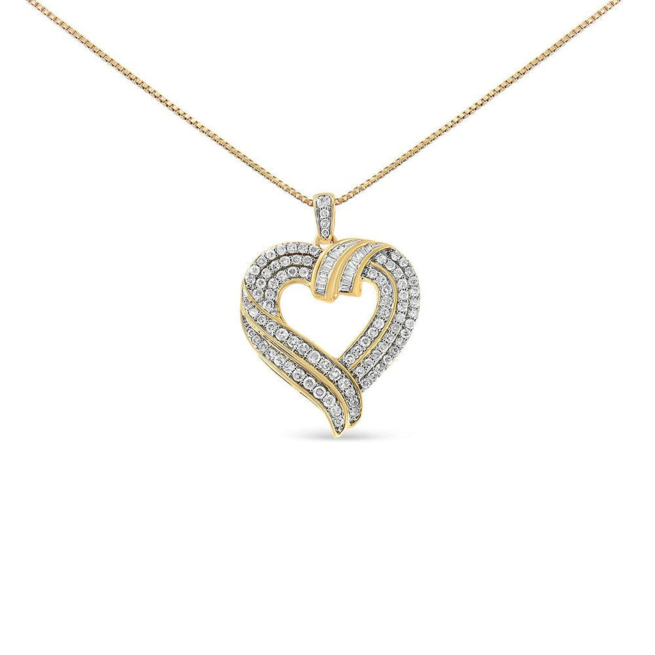 14K Yellow Gold Plated .925 Sterling Silver 1.00 Cttw Baguette Diamond Composite Open Heart 18" Inch Pendant Necklace (I-J Color, I1-I2 Clarity) - Necklaces - Custom Crafting Alliance, LLC