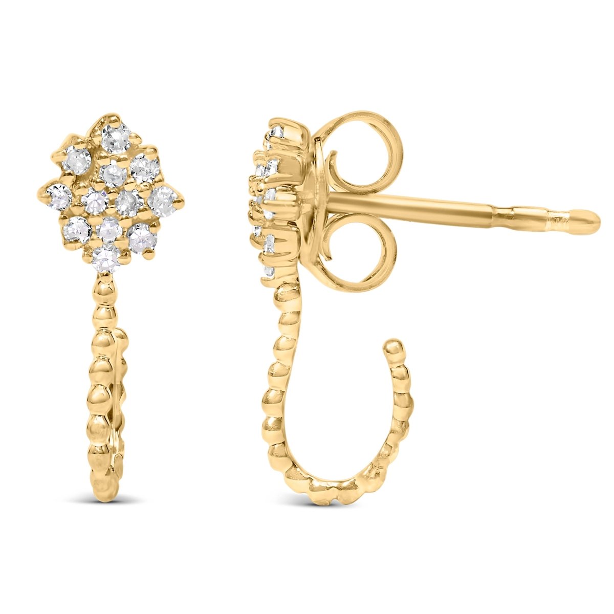 14K Yellow Gold Plated .925 Sterling Silver 1/10 Cttw Diamond Floral Cluster and Beaded Hoop Stud Earrings (H-I Color, I1-I2 Clarity) - Earrings - Custom Crafting Alliance, LLC
