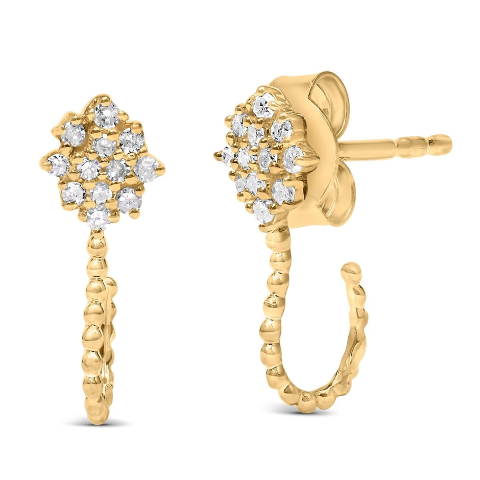 14K Yellow Gold Plated .925 Sterling Silver 1/10 Cttw Diamond Floral Cluster and Beaded Hoop Stud Earrings (H-I Color, I1-I2 Clarity) - Earrings - Custom Crafting Alliance, LLC