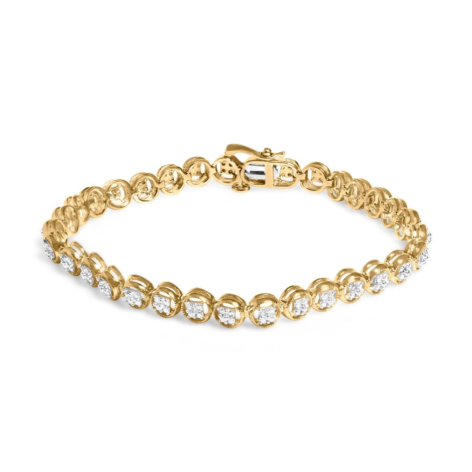 14K Yellow Gold Plated .925 Sterling Silver 1/10 Cttw Diamond Open Circle Beaded Wheel Link Tennis Bracelet (I-J Color, I3 Clarity) - 7.25" - Bracelets - Custom Crafting Alliance, LLC