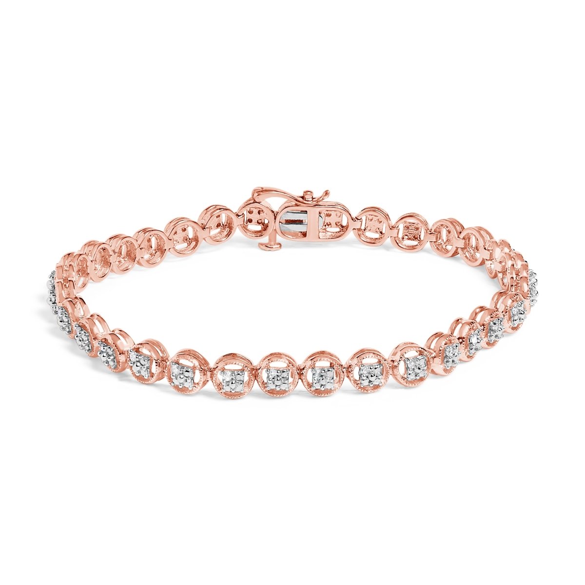 14K Yellow Gold Plated .925 Sterling Silver 1/10 Cttw Diamond Open Circle Beaded Wheel Link Tennis Bracelet (I-J Color, I3 Clarity) - 7.25