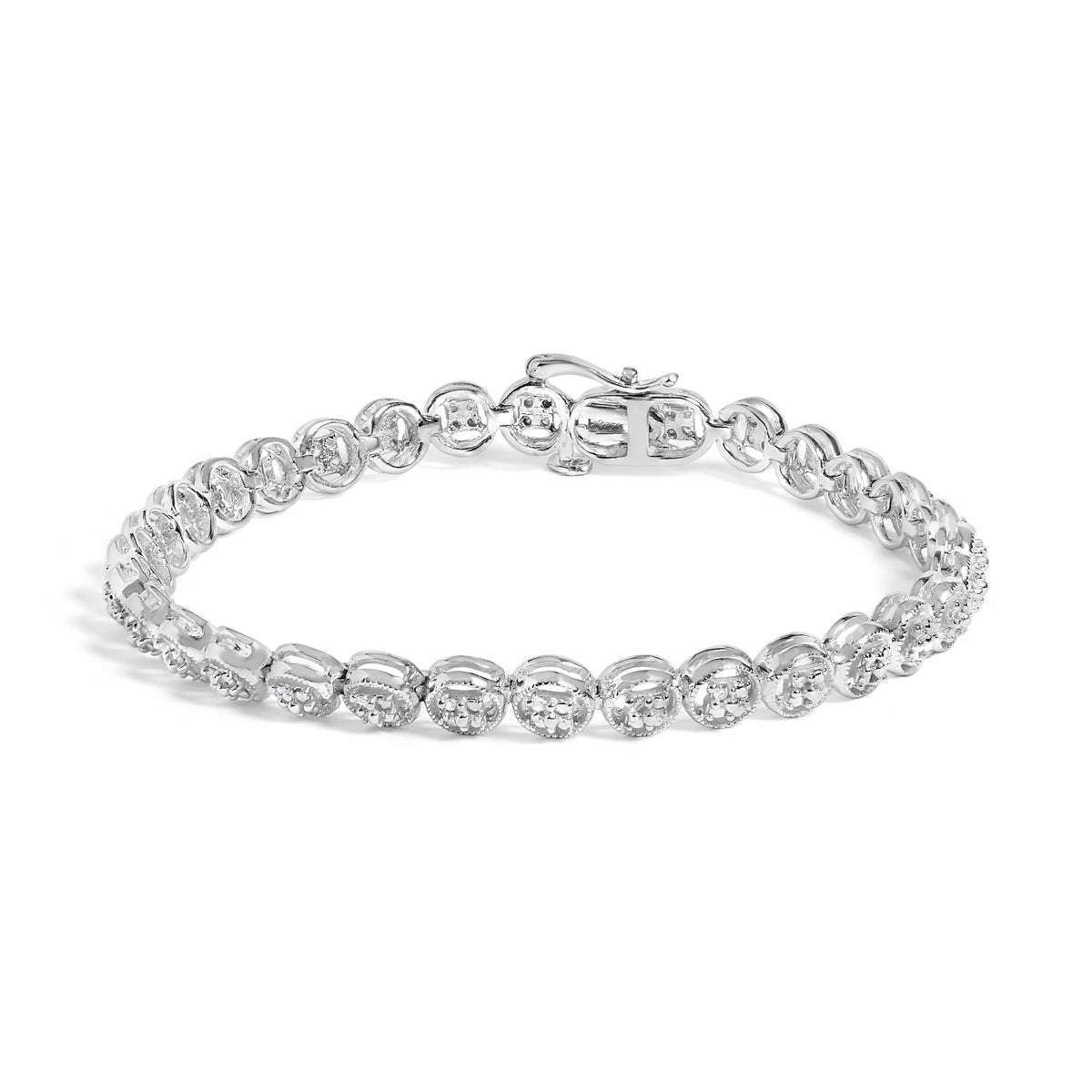 14K Yellow Gold Plated .925 Sterling Silver 1/10 Cttw Diamond Open Circle Beaded Wheel Link Tennis Bracelet (I-J Color, I3 Clarity) - 7.25