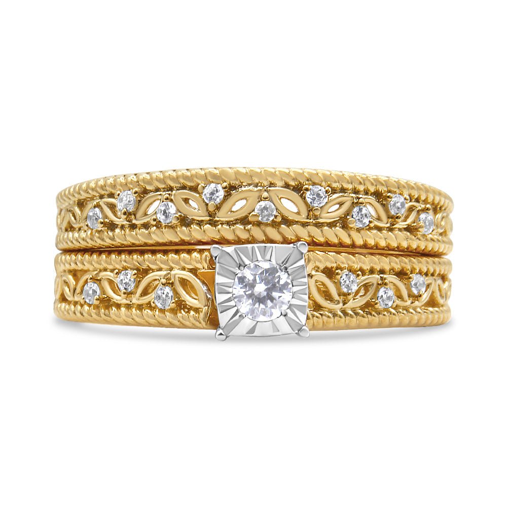 14K Yellow Gold Plated .925 Sterling Silver 1/5 Cttw Diamond Art Deco Style Engagement Ring Bridal Set (I-J Color, I3 Clarity) - Ring Size 7 - Rings - Custom Crafting Alliance, LLC