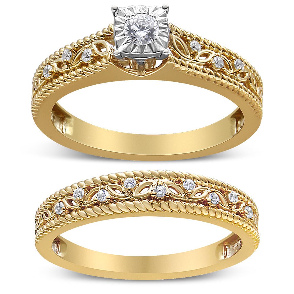14K Yellow Gold Plated .925 Sterling Silver 1/5 Cttw Diamond Art Deco Style Engagement Ring Bridal Set (I-J Color, I3 Clarity) - Ring Size 7 - Rings - Custom Crafting Alliance, LLC
