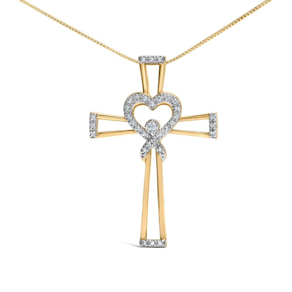 14K Yellow Gold Plated .925 Sterling Silver 1/6 Cttw Diamond Interlocking Heart and Ribbon Cross Pendant Necklace (H-I Color, I2-I3 Clarity) - 18