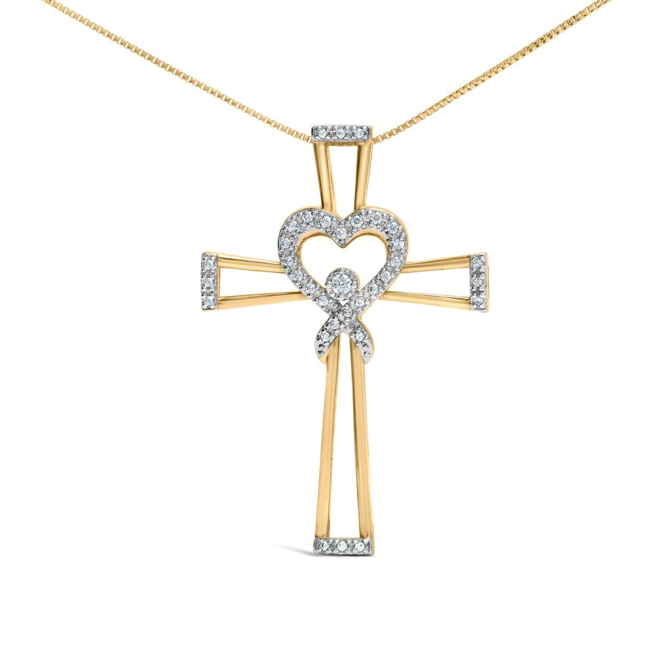 14K Yellow Gold Plated .925 Sterling Silver 1/6 Cttw Diamond Interlocking Heart and Ribbon Cross Pendant Necklace (H-I Color, I2-I3 Clarity) - 18