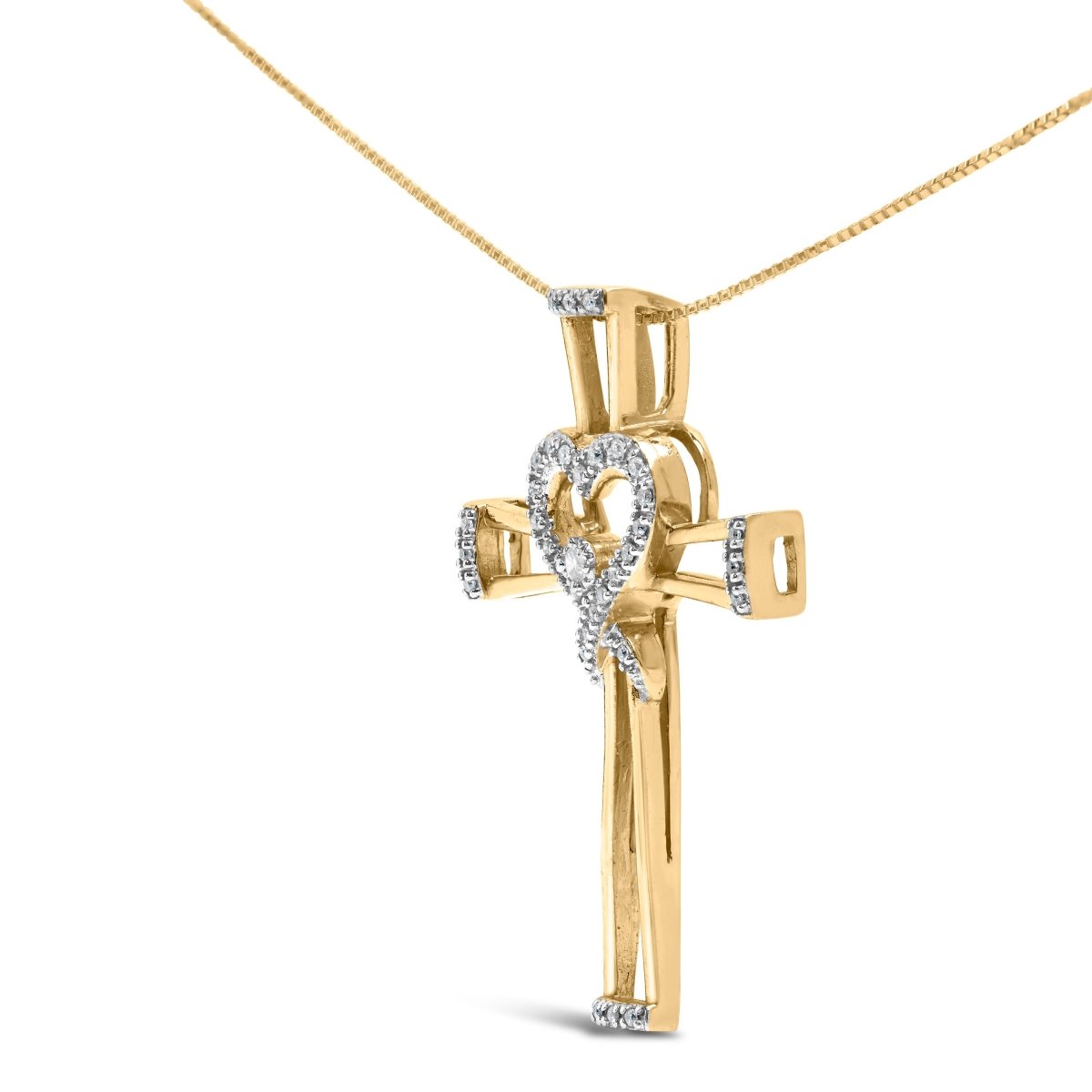 14K Yellow Gold Plated .925 Sterling Silver 1/6 Cttw Diamond Interlocking Heart and Ribbon Cross Pendant Necklace (H-I Color, I2-I3 Clarity) - 18