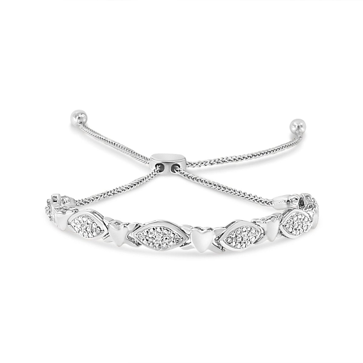 14K Yellow Gold Plated .925 Sterling Silver Diamond Accent Alternating Marquise Shape and Heart Links Bolo Bracelet (I-J Color, I3 Clarity) - Adjustable 6