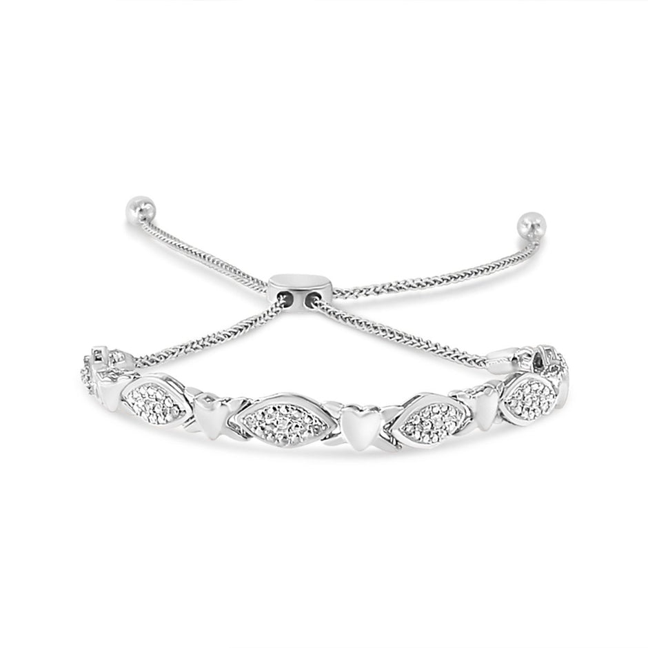 14K Yellow Gold Plated .925 Sterling Silver Diamond Accent Alternating Marquise Shape and Heart Links Bolo Bracelet (I-J Color, I3 Clarity) - Adjustable 6" to 9" - Bracelets - Custom Crafting Alliance, LLC